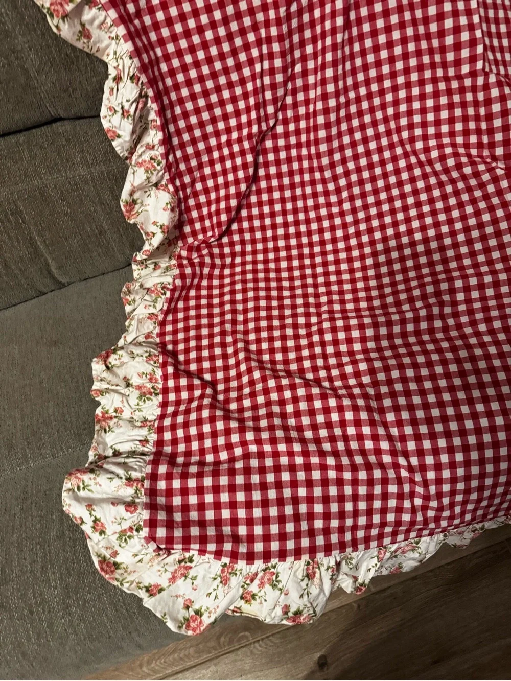 Classic Red Gingham Tablecloth with Floral Trim